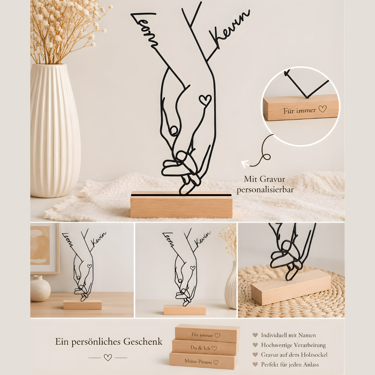 Personalisierter Hand Aufsteller mit Namen & Gravur – Romantisches Geschenk für Paare & Jahrestag