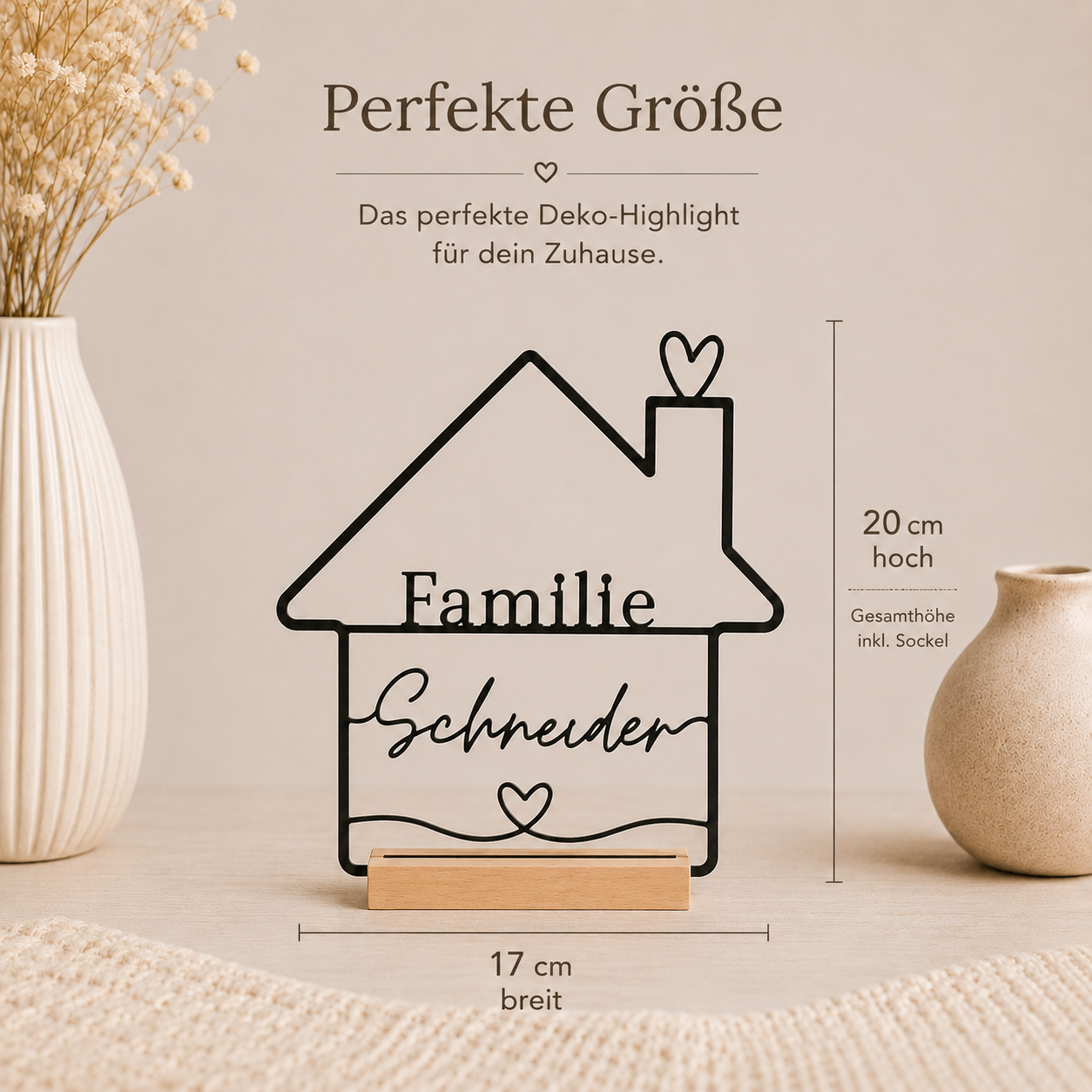 Personalisierter Familien-Aufsteller mit Holzsockel – Haus Line Art mit Familienname
