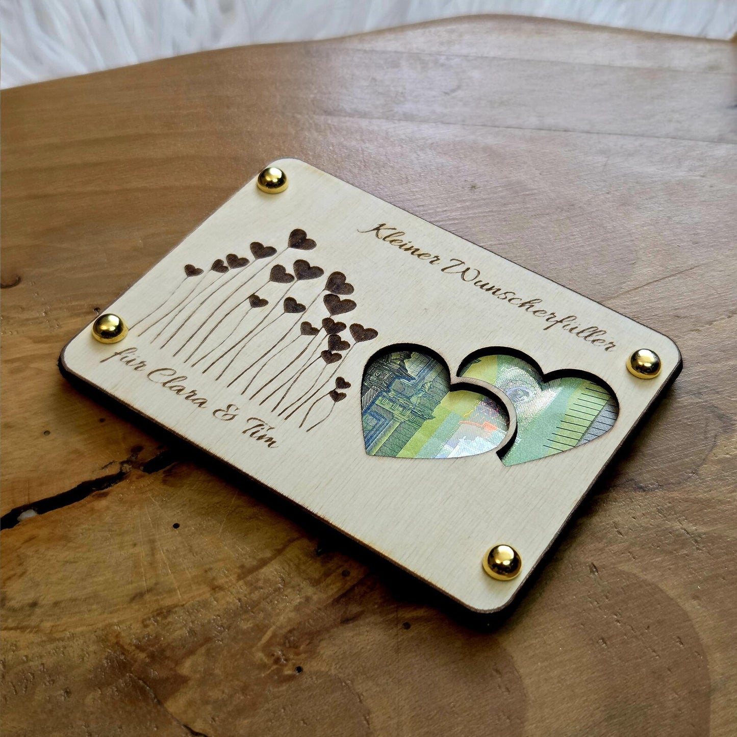 Wunscherfüller Geldgeschenk personalisiert – Holzkarte mit Gravur & Namen – kreatives Geschenk mit Geldfach