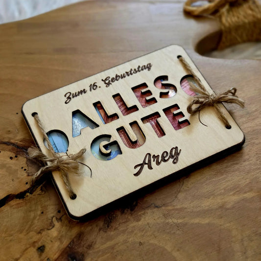 Geldgeschenk personalisiert „Alles Gute“ – Holzkarte mit Gravur & Namen – Geschenk für jeden Anlass