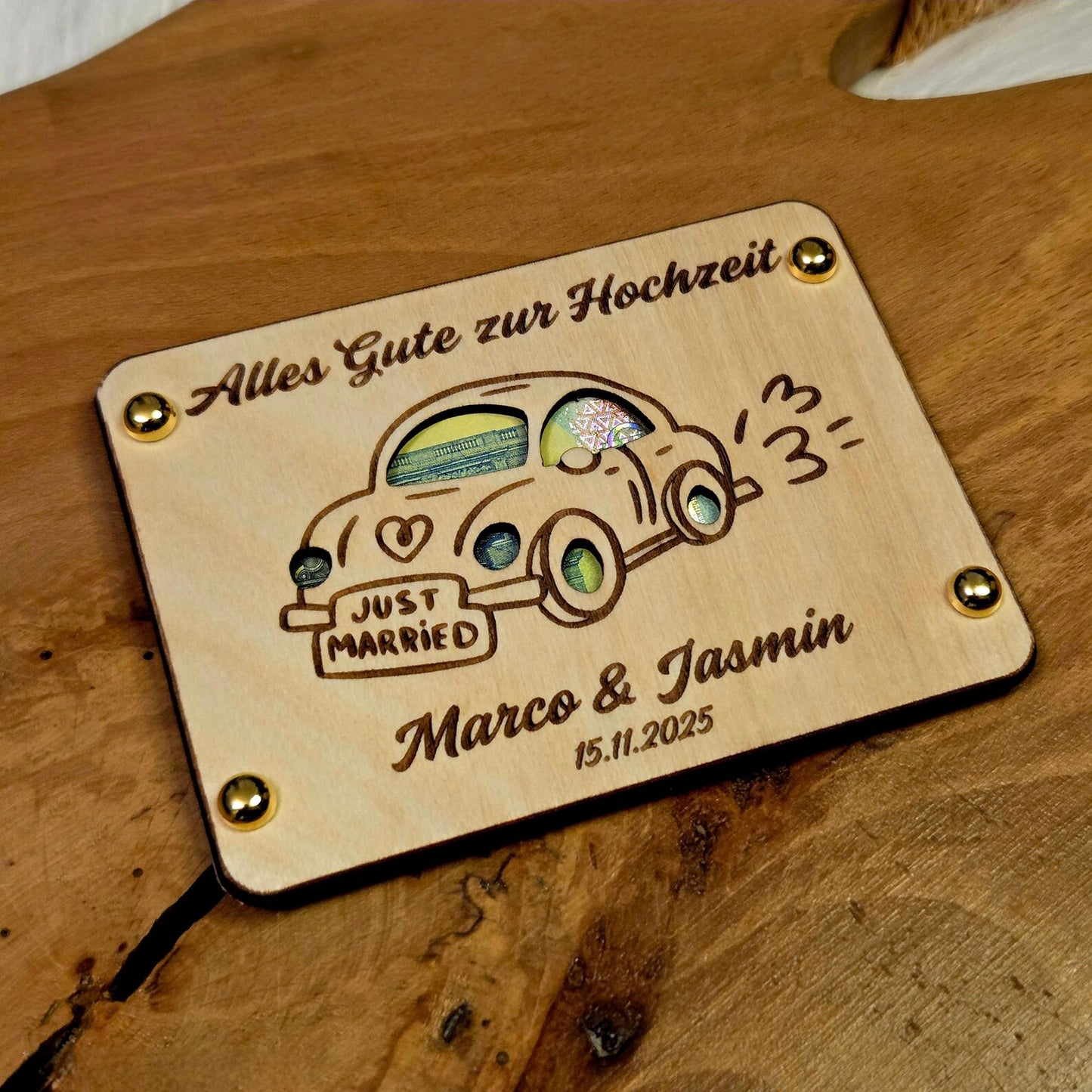 Geldgeschenk Hochzeit personalisiert – „Alles Gute zur Hochzeit“ – Holz Geschenk mit Namen & Datum