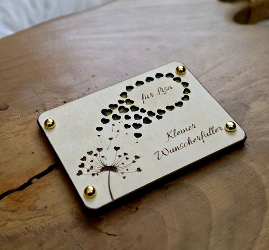 Geldgeschenk Wunscherfüller personalisiert – Holzkarte mit Gravur & Namen – kreative Geschenkidee