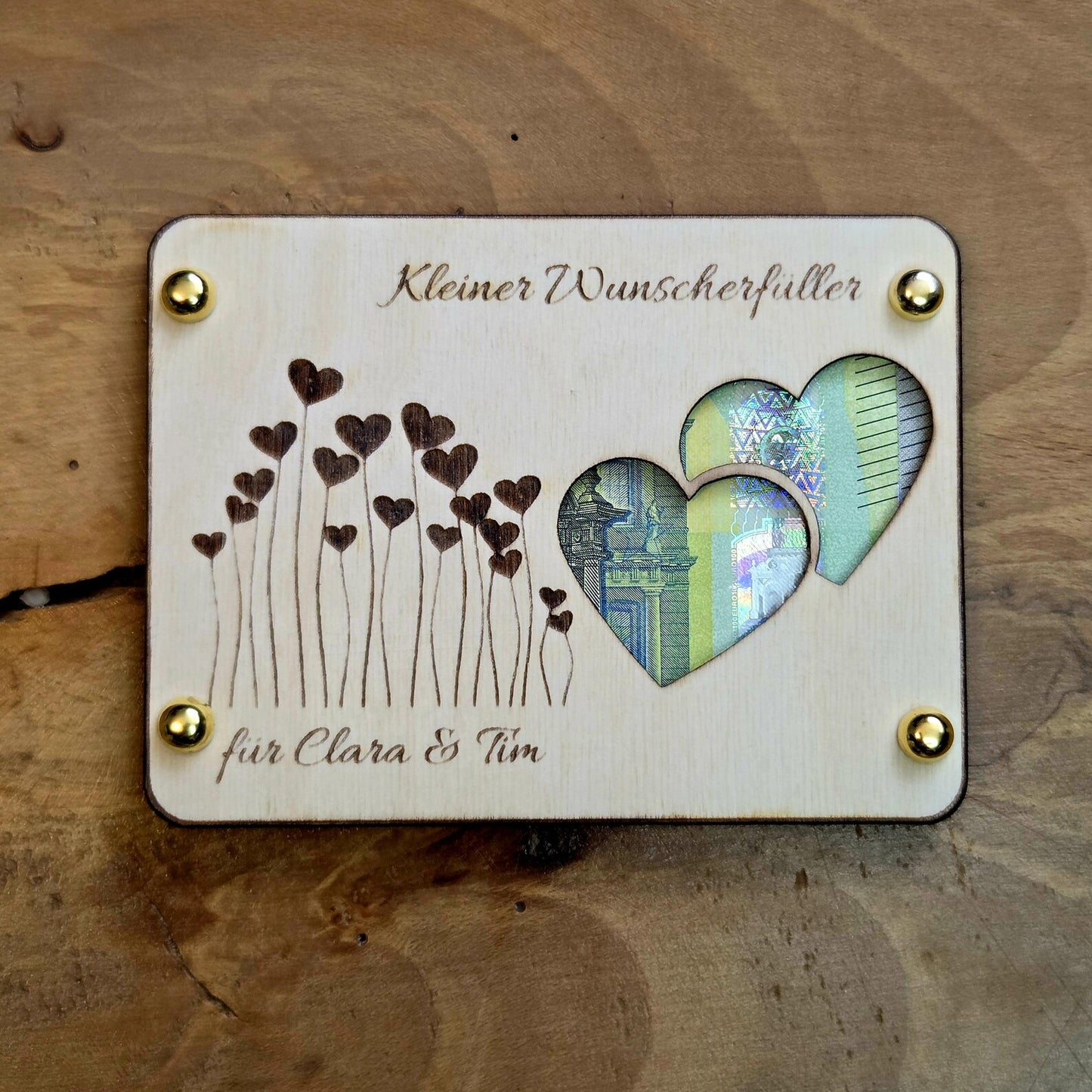 Wunscherfüller Geldgeschenk personalisiert – Holzkarte mit Gravur & Namen – kreatives Geschenk mit Geldfach