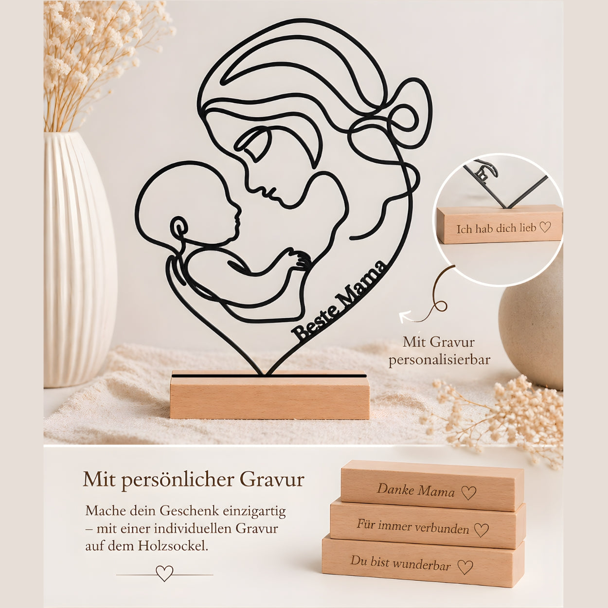 Personalisiertes Geschenk für Mama mit Namen & Gravur – Line Art Mutter & Kind Aufsteller „Beste Mama“