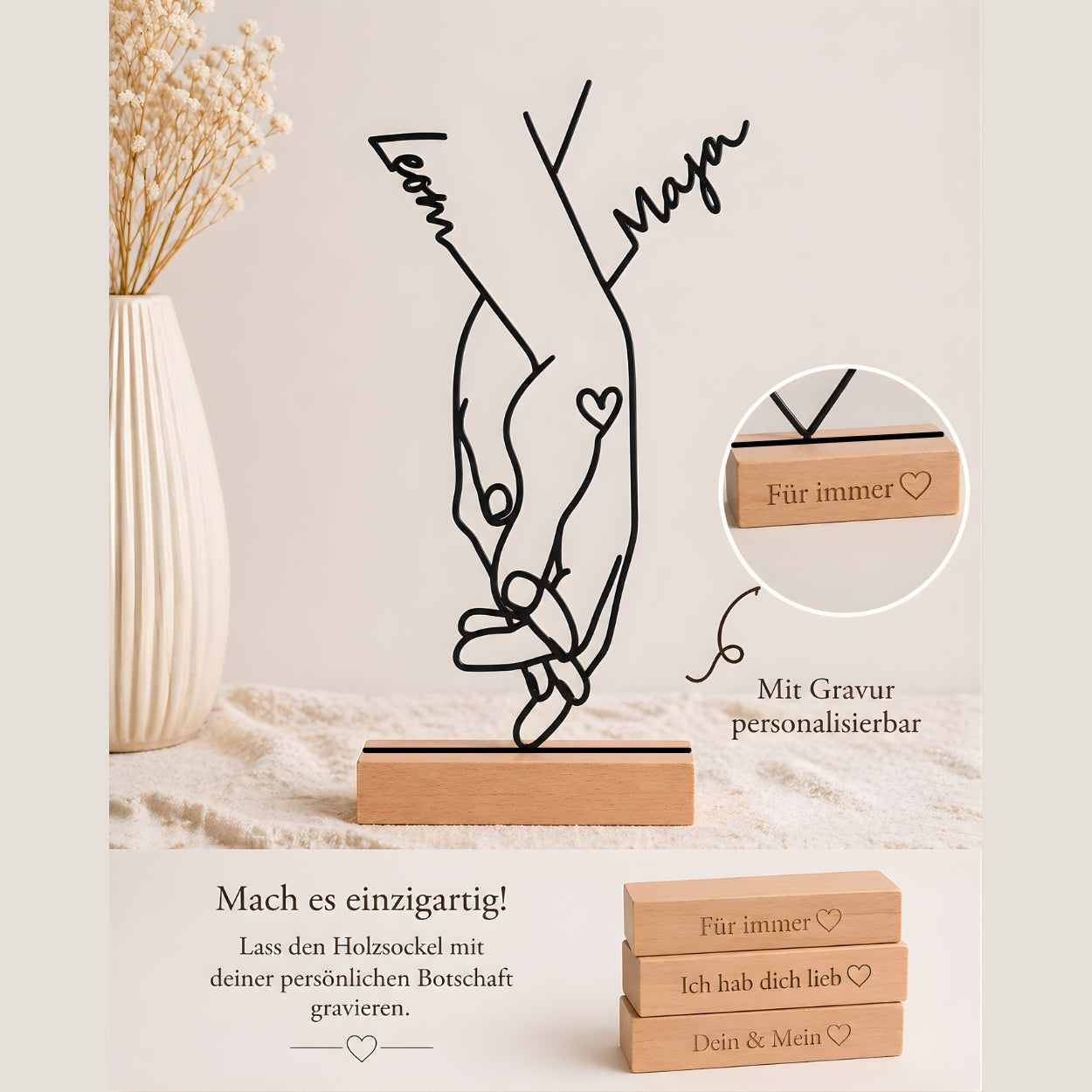 Personalisierter Hand Aufsteller mit Namen & Gravur – Romantisches Geschenk für Paare & Jahrestag