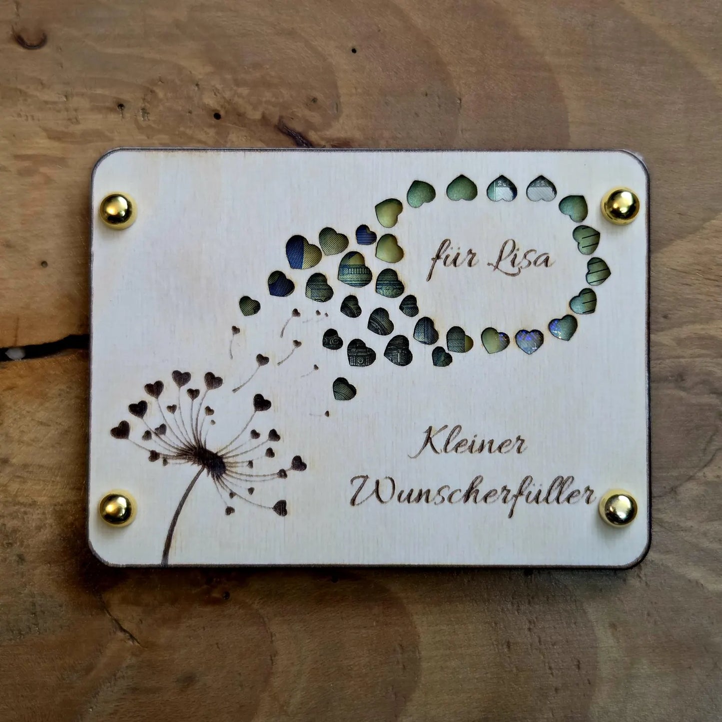 Geldgeschenk Wunscherfüller personalisiert – Holzkarte mit Gravur & Namen – kreative Geschenkidee