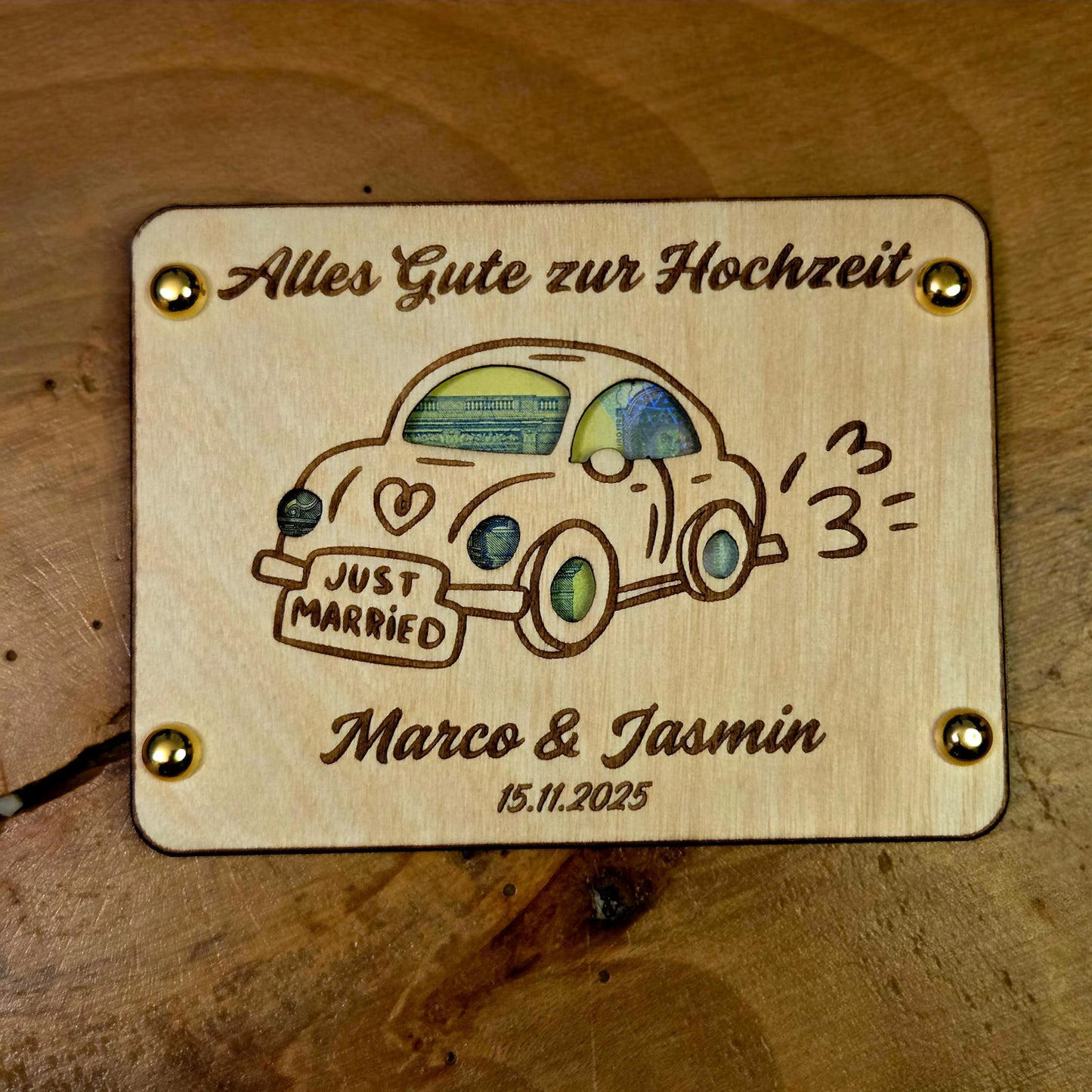 Geldgeschenk Hochzeit personalisiert – „Alles Gute zur Hochzeit“ – Holz Geschenk mit Namen & Datum