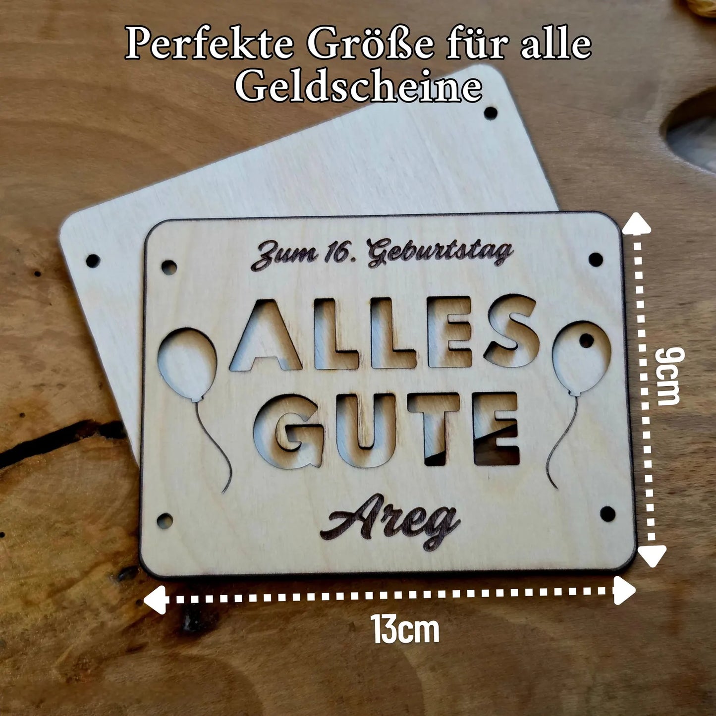 Geldgeschenk personalisiert „Alles Gute“ – Holzkarte mit Gravur & Namen – Geschenk für jeden Anlass