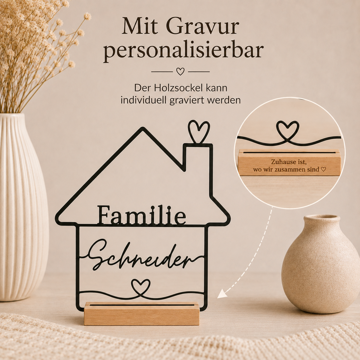 Personalisierter Familien-Aufsteller mit Holzsockel – Haus Line Art mit Familienname