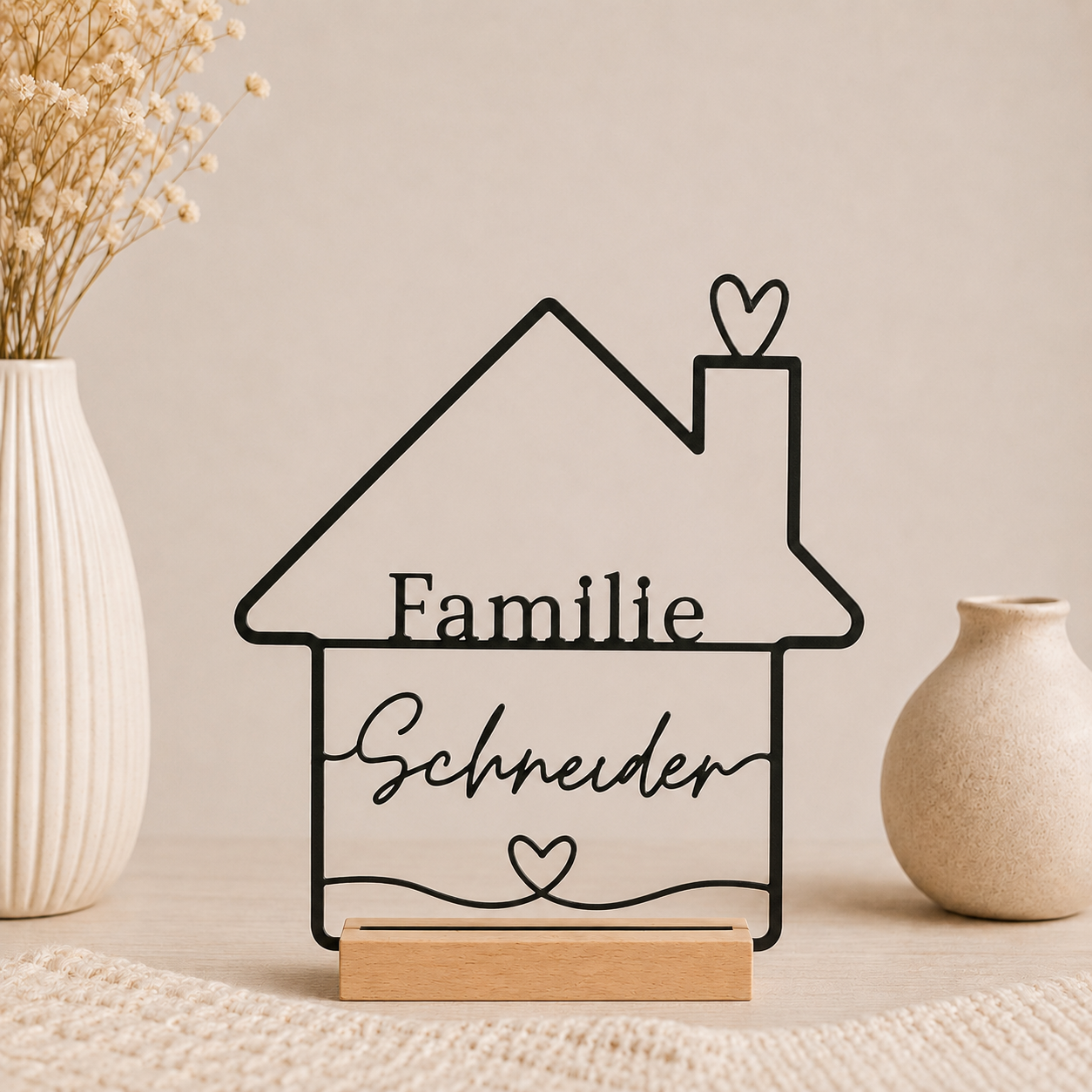 Personalisierter Familien-Aufsteller mit Holzsockel – Haus Line Art mit Familienname